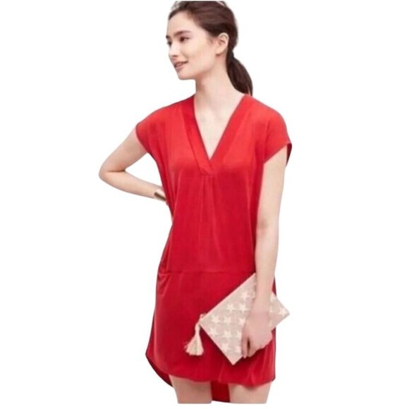 Anthropologie Dolan Left Coast Lola Cocoon Red Tunic Dress V Neck Size XS - Picture 1 of 7
